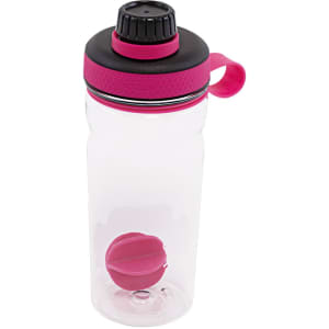 A drink bottle in clear plastic with pink accents and a black lid, featuring a round ball inside.