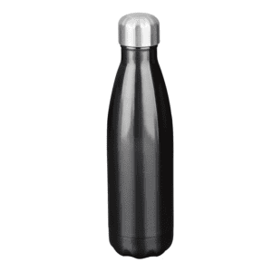 A drink bottle in sleek black stainless steel with a silver cap and a modern, curved design.