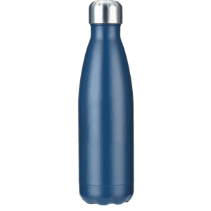 A drink bottle in a deep blue colour with a silver cap and a sleek, streamlined design. It features a logo.