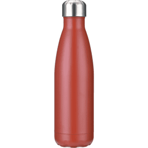 A drink bottle in a matte red finish with a stainless steel cap and a smooth body design.