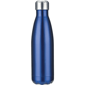 A drink bottle in a sleek blue finish with a metallic silver cap and a smooth, curved design.