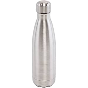 A drink bottle made of stainless steel with a sleek, silver finish and a rounded top. It features a logo.