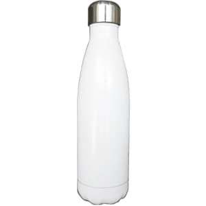 A drink bottle in a sleek white finish with a stainless steel cap and a smooth, curved design.