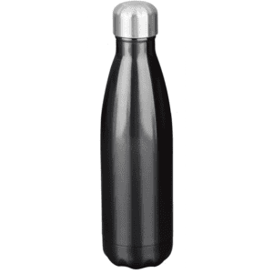 A drink bottle in a sleek, black finish with a silver metallic top and a round base. It features a logo.