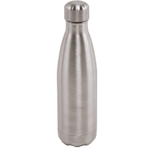 A drink bottle made of stainless steel in a sleek, silver finish, featuring a rounded cap and a smooth design.