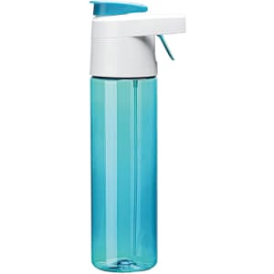 A drink bottle in a gradient of blue and clear with a white lid and a logo.