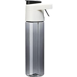 A drink bottle in grey and white with a spray nozzle, featuring a logo on the side.