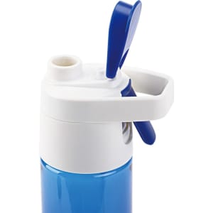 A drink bottle in blue and white with a handle and a twist cap for easy access. It features a logo on the side.