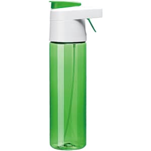 A drink bottle with a transparent green body and a white and green nozzle, featuring a logo.