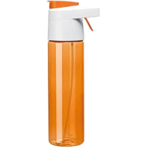 A drink bottle with a transparent orange body and a white spray nozzle with an orange cap.