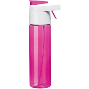 A drink bottle in vibrant pink with a white spray top and a slim design, featuring a branding logo.