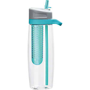 A drink bottle in clear plastic with a grey lid and turquoise accents, featuring a built-in infuser.