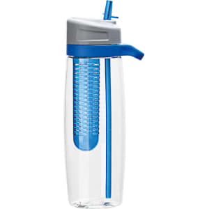 A drink bottle in clear plastic with a grey cap and blue detailing, featuring a built-in straw and infuser.