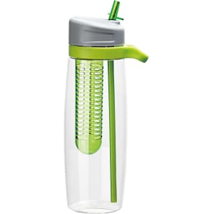 A drink bottle in clear plastic with a grey lid and green infuser and straw. Features a logo on the side.