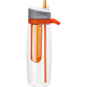 A drink bottle in clear plastic with an orange infuser and grey lid. Features a flip-top straw and branding.