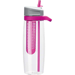 A drink bottle in clear plastic with a pink infuser and grey lid, featuring a straw and a logo.