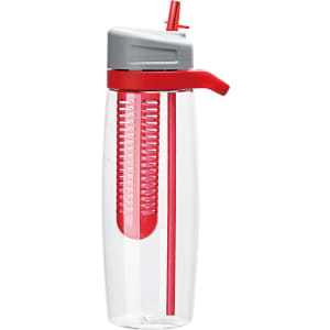 A drink bottle in clear plastic with red accents, featuring a straw and a fruit infuser inside.