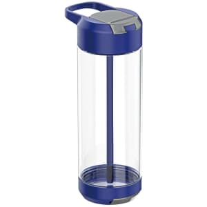 A drink bottle in blue and clear, featuring a grey cap and a built-in straw, with a logo on the side.