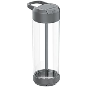 A drink bottle in grey with a transparent chamber and a built-in mixer, featuring a handle at the top.