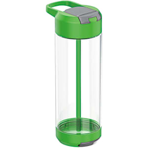 A drink bottle in clear plastic with a bright green lid and handle, featuring a straw and a sleek design.