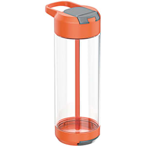 A drink bottle featuring a clear body with an orange lid and a built-in straw. It has a handle for easy carrying.