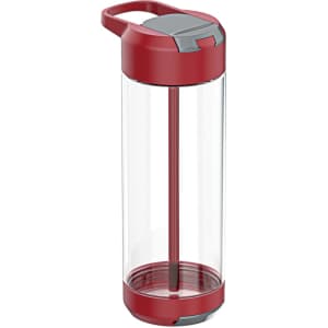 A drink bottle in red with a clear body and a grey lid, featuring a built-in stirring rod and handle.
