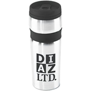 A stainless steel coffee mug featuring a black band and a logo. The mug has a black lid and a sleek design.