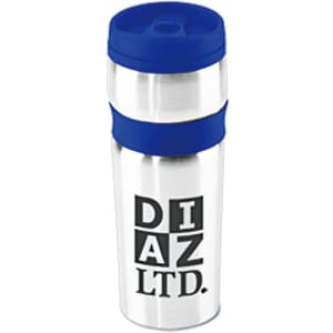A stainless steel coffee mug with a blue silicone lid and grip, featuring a logo.