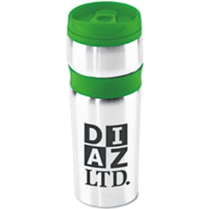 A coffee mug featuring a silver body and a green lid, with a logo displayed on the front.