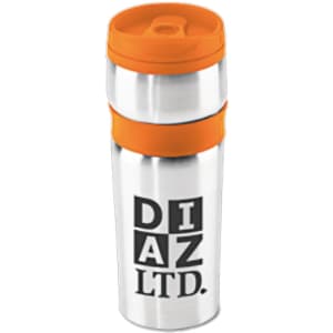 A stainless steel coffee mug with an orange silicone band and lid, featuring a logo.