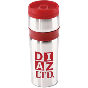 A stainless steel coffee mug with a red lid and base, featuring a logo on the body.
