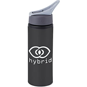 A drink bottle in matte black with a grey lid featuring a logo. The bottle has a sleek, modern design.