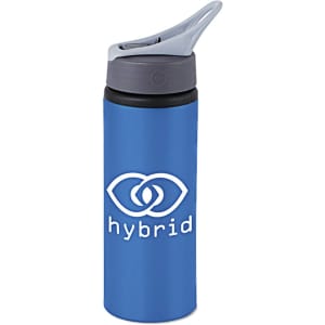 A drink bottle in a vibrant blue colour with a grey cap and a logo featured on the front.