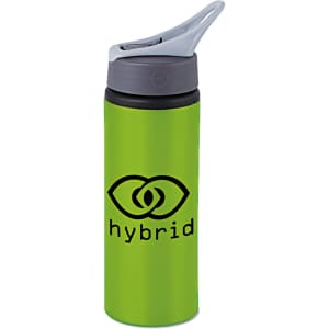A drink bottle in vibrant green with a grey lid and a logo on the side.