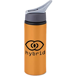 A drink bottle in orange with a grey lid and a logo printed on the side.