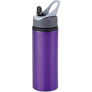 A drink bottle in a shiny purple finish with a grey lid and a pop-up opening. It features a logo on the side.