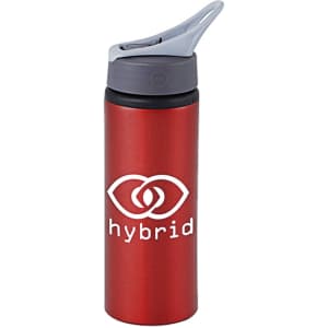 A drink bottle in a glossy red finish with a grey lid and a logo on the front.