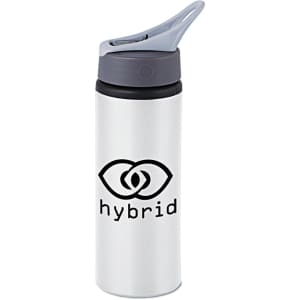 A drink bottle in silver with a grey cap, featuring a logo on the front.