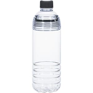 A drink bottle in clear plastic with a black screw cap and a ribbed body design.