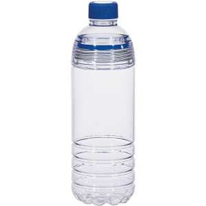 A drink bottle in clear plastic with a blue cap and ribbed body design. It features a logo on the side.
