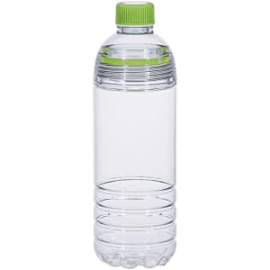 A drink bottle in clear plastic with a green screw-top lid. It features a simple, sleek design.