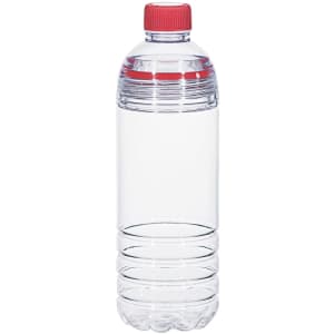A drink bottle with a clear body and a red screw cap, featuring a simple design and a logo.