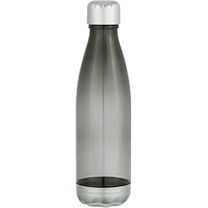 A drink bottle in a grey transparent finish with a silver cap and base, featuring a logo.