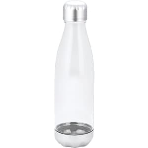 A drink bottle in transparent plastic with a silver metal cap and base. It features a sleek, minimalist design.