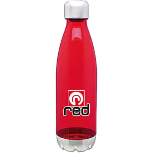 A drink bottle in vibrant red with a silver cap and a logo on the front.