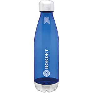 A drink bottle in a transparent blue colour with a white cap and a logo on the front.