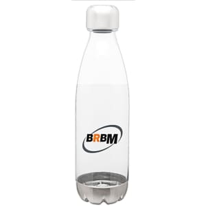 A drink bottle in a clear design with a silver cap and a logo on the front.
