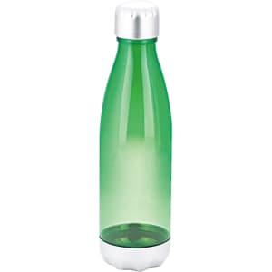 A drink bottle in a green transparent design with a silver cap and base. It features a logo on the surface.