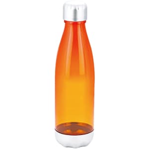 A drink bottle with a sleek orange body and a silver base, featuring a metallic cap and a logo.
