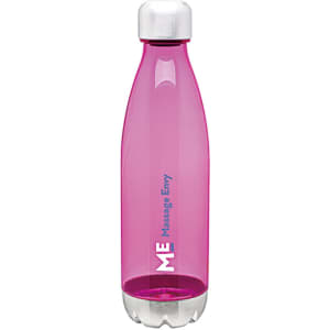 A drink bottle in bright pink with a silver cap and a logo on the side.